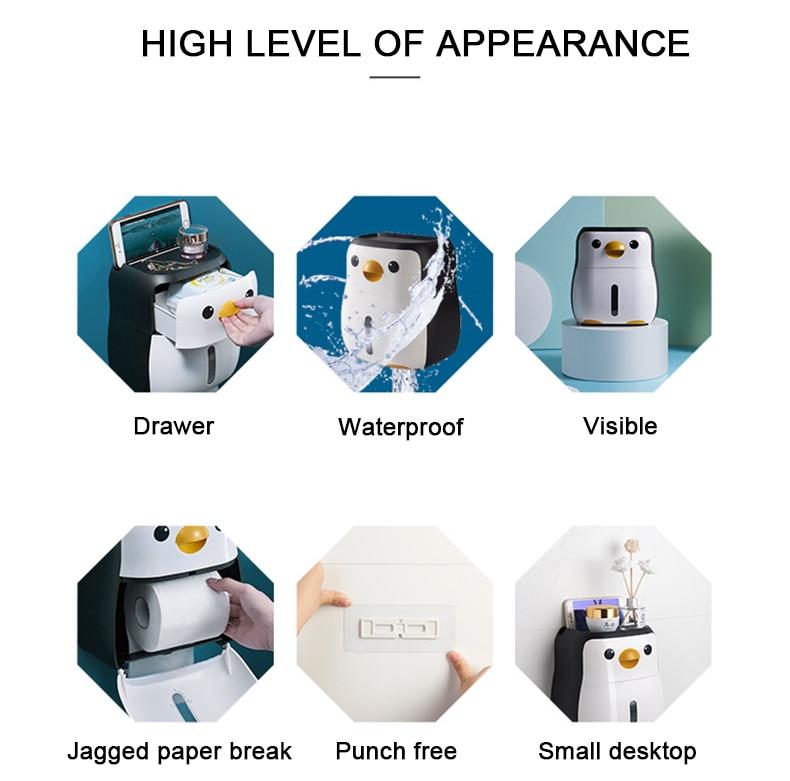 Creative Penguin Toilet Roll Paper Holder Waterproof Wall Mounted