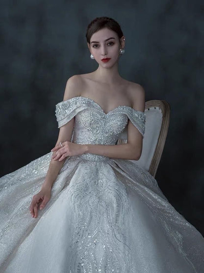 Luxury Wedding Dress Lace Sequins Beaded Crystal Gown