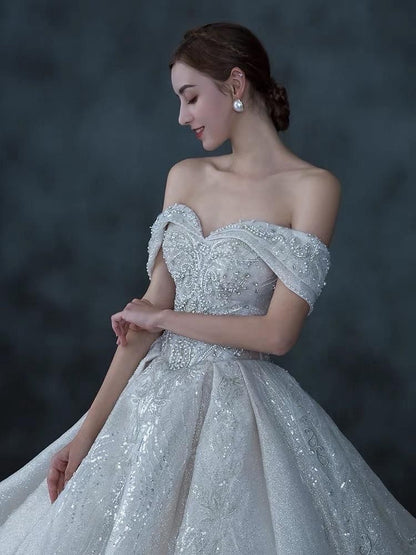 Luxury Wedding Dress Lace Sequins Beaded Crystal Gown