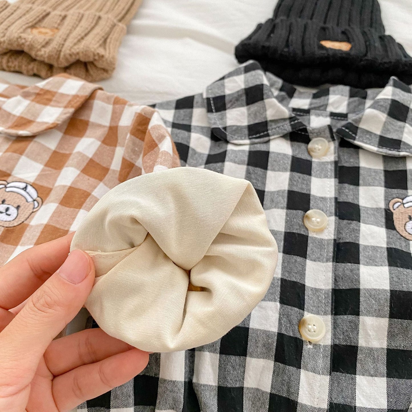 Baby Checkerboard Pattern Bear Patched Design Coat