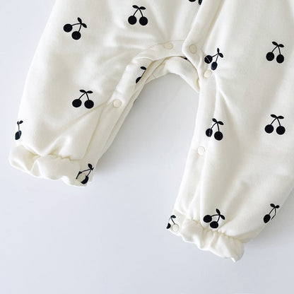 Baby Girl CHerry Pattern Mesh Patched Design Thermal Romper