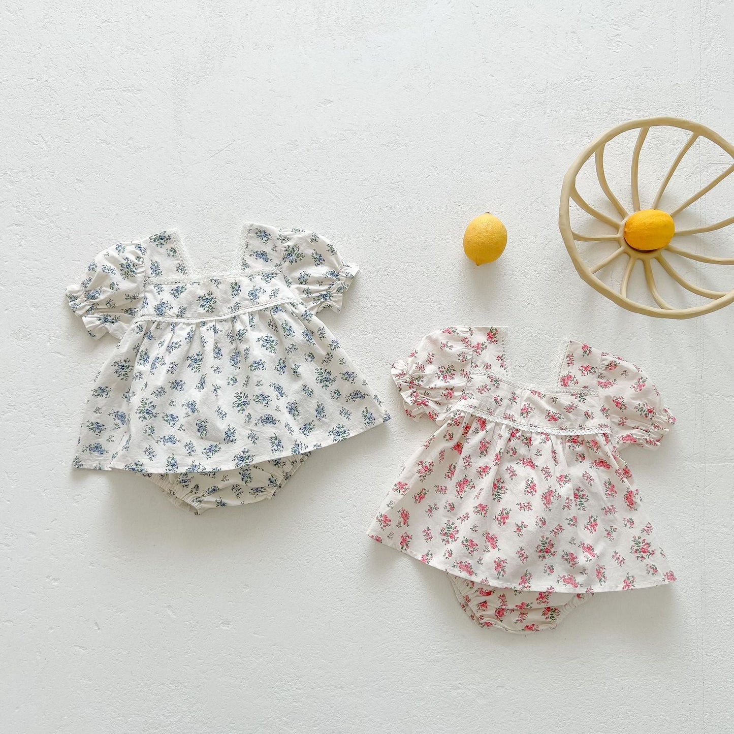 Baby Girl Floral Print Squared Collar Short Sleeved Dress Combo Short
