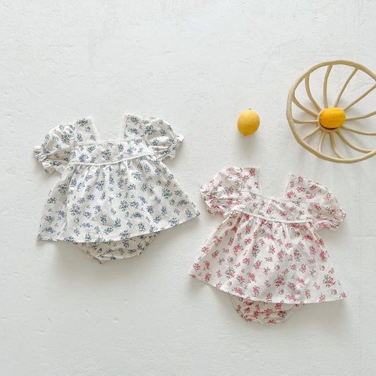 Baby Girl Floral Print Squared Collar Short Sleeved Dress Combo Short