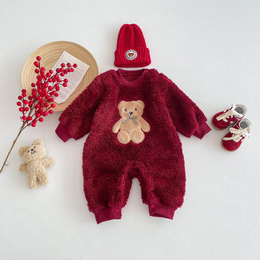 Cute And Cozy Baby Teddy Bear Romper For Autumn/Winter Outings – Red