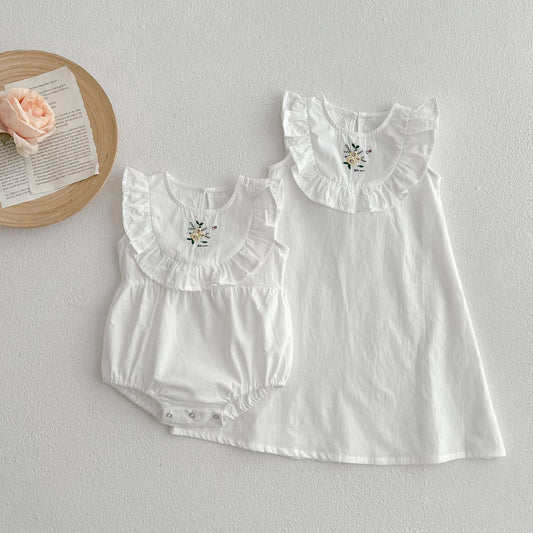 Baby Girl Embroidered Pattern Solid Color Sleeveless Dress & Onesies