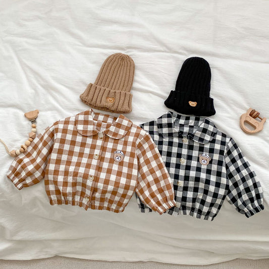 Baby Checkerboard Pattern Bear Patched Design Coat