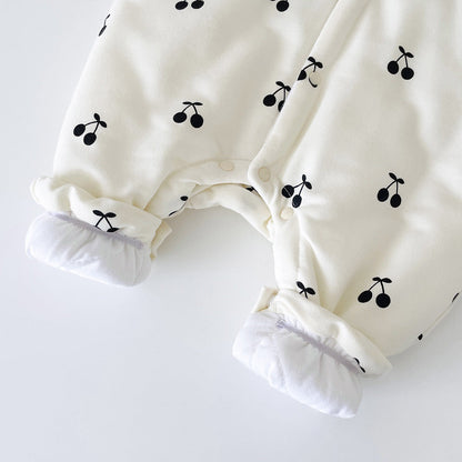 Baby Girl CHerry Pattern Mesh Patched Design Thermal Romper