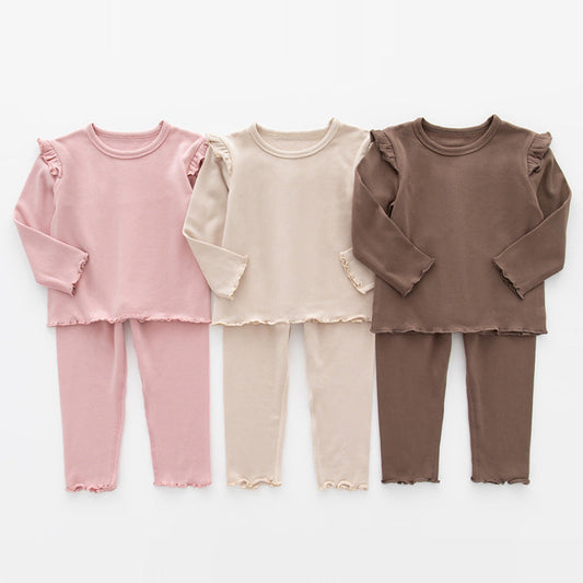 Baby Frill Trimmed Design Solid Color Clothes Sets Pajamas