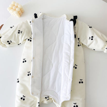 Baby Girl CHerry Pattern Mesh Patched Design Thermal Romper