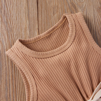 Baby Ribbed Knitted Graphic Belted Design Sleeveless Crotch Rompers