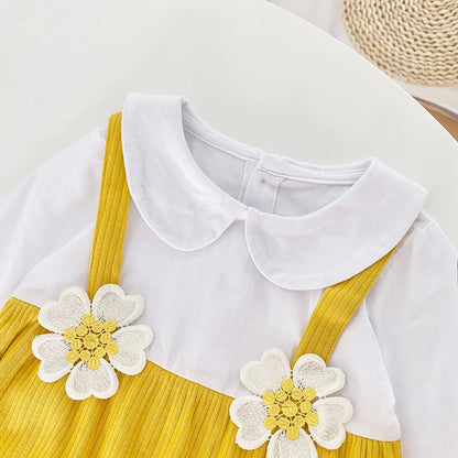 Baby Girl 3D Flower Patched Pattern False 1-Piece Design Doll Neck