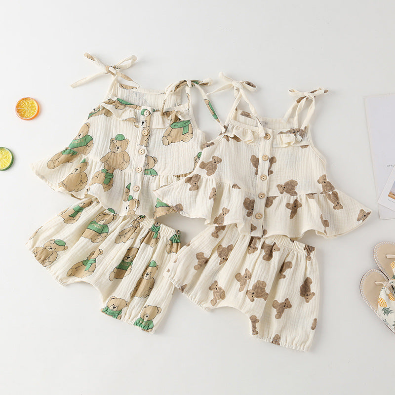 Baby Girl Small-Bear Cartoon Pattern Flounce Design Sleeveless