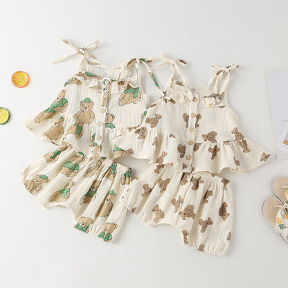 Baby Girl Small-Bear Cartoon Pattern Flounce Design Sleeveless
