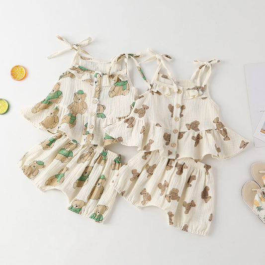 Baby Girl Small-Bear Cartoon Pattern Flounce Design Sleeveless