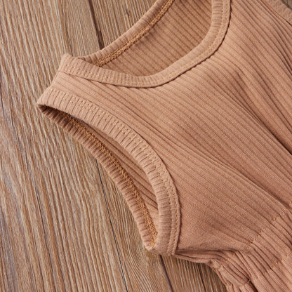 Baby Ribbed Knitted Graphic Belted Design Sleeveless Crotch Rompers