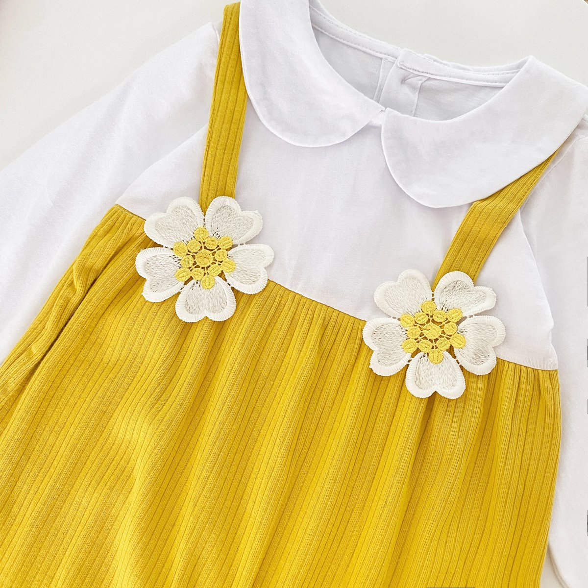 Baby Girl 3D Flower Patched Pattern False 1-Piece Design Doll Neck