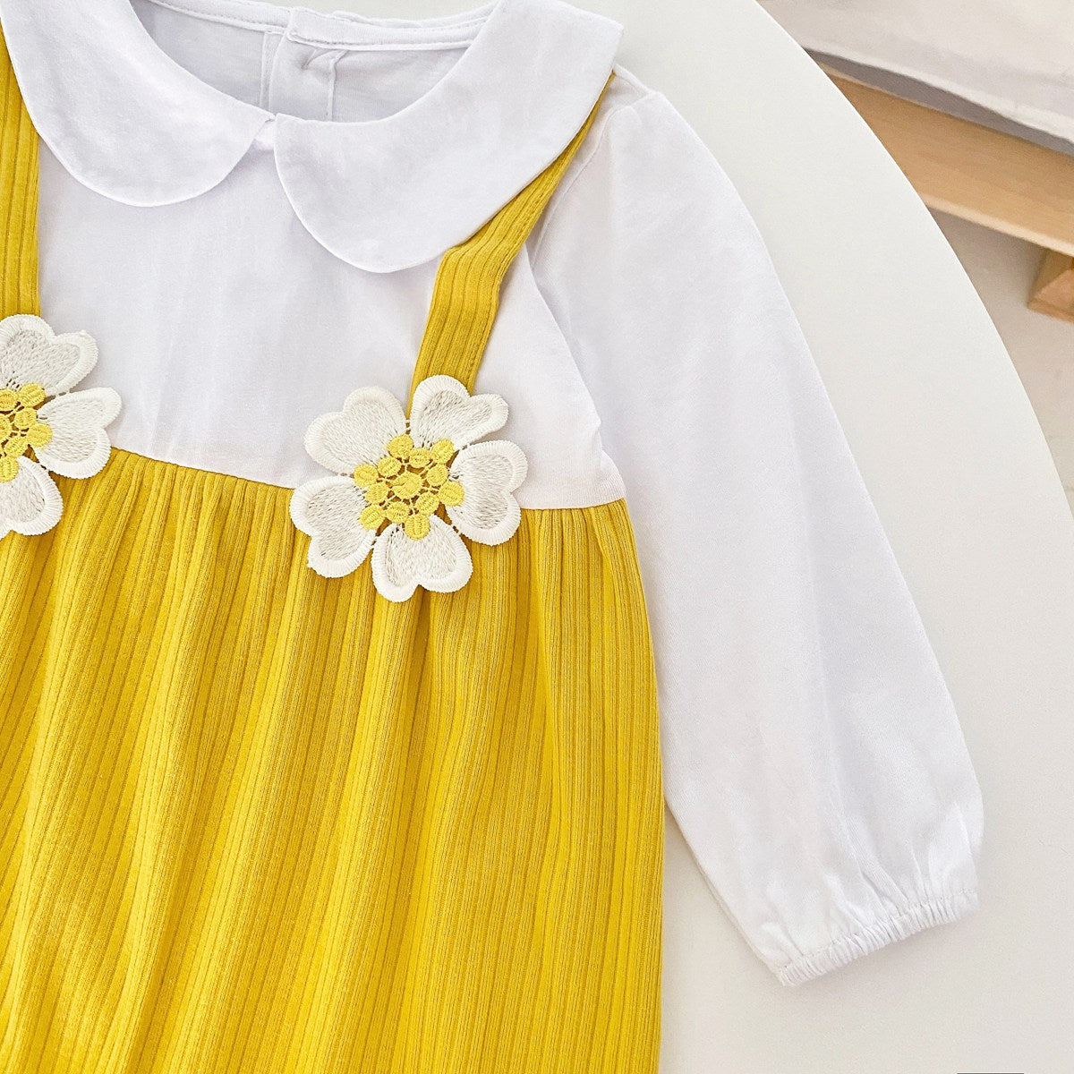 Baby Girl 3D Flower Patched Pattern False 1-Piece Design Doll Neck