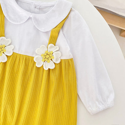 Baby Girl 3D Flower Patched Pattern False 1-Piece Design Doll Neck