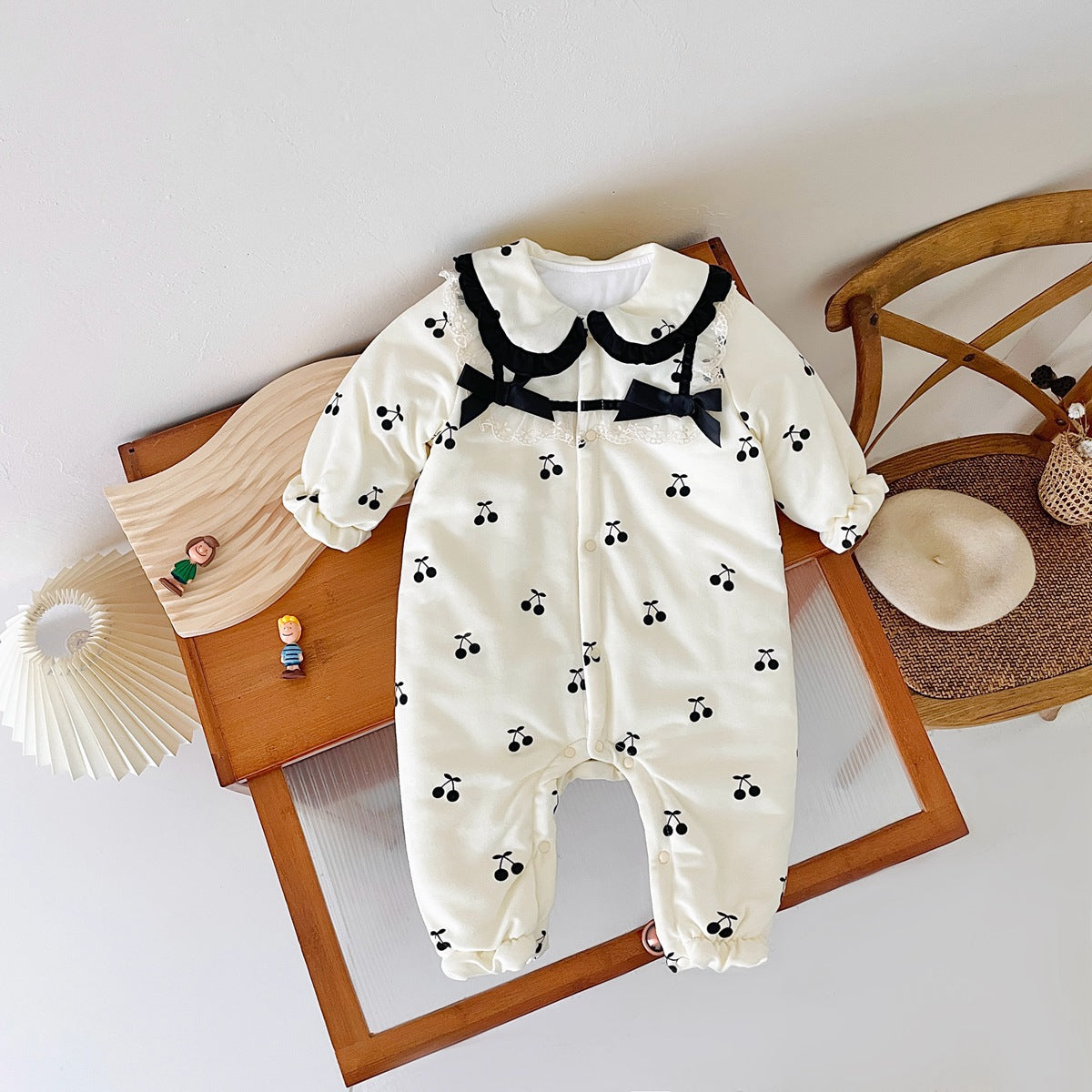 Baby Girl CHerry Pattern Mesh Patched Design Thermal Romper