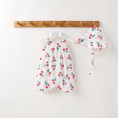 Baby Girls Floral Pattern Sleeveless Summer Rompers With Hat In Summer