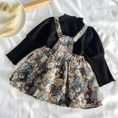 Baby Girls Solid Top Combo Cartoon Pattern Overalls Dress In Sets
