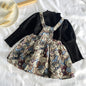 Baby Girls Solid Top Combo Cartoon Pattern Overalls Dress In Sets