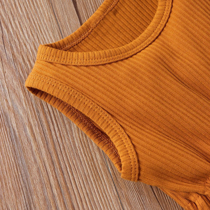 Baby Ribbed Knitted Graphic Belted Design Sleeveless Crotch Rompers