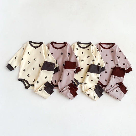 Baby Print Pattern Crewneck Long Sleeve Tops With Pants Sets