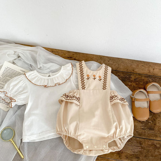 Baby Girl Solid Color Blouse With Onesies Vintage Style Sets