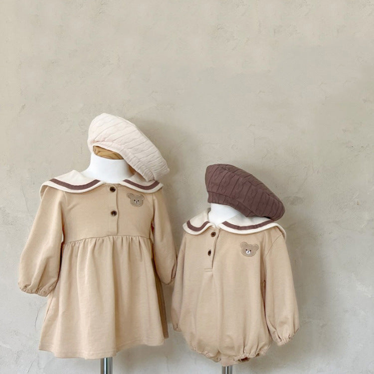 Baby Cartoon Bear Pattern Lapel Cute Long Sleeve Dress & Onesies