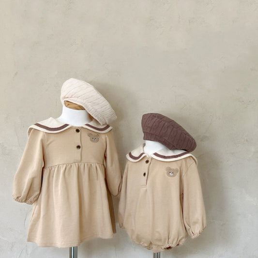 Baby Cartoon Bear Pattern Lapel Cute Long Sleeve Dress & Onesies
