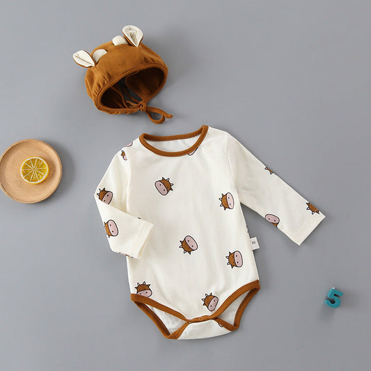 Baby 1pcs Cartoon Bear & Calf Graphic Long Sleeved Soft Bodysuit With