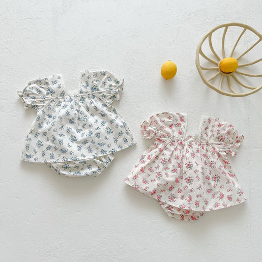 Baby Girl Floral Print Squared Collar Short Sleeved Dress Combo Short