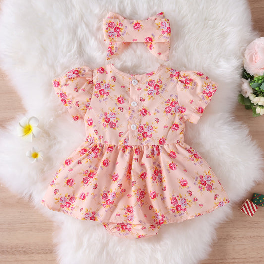 Baby Girl Flower Graphic A-Line Onesies Dress & Headband