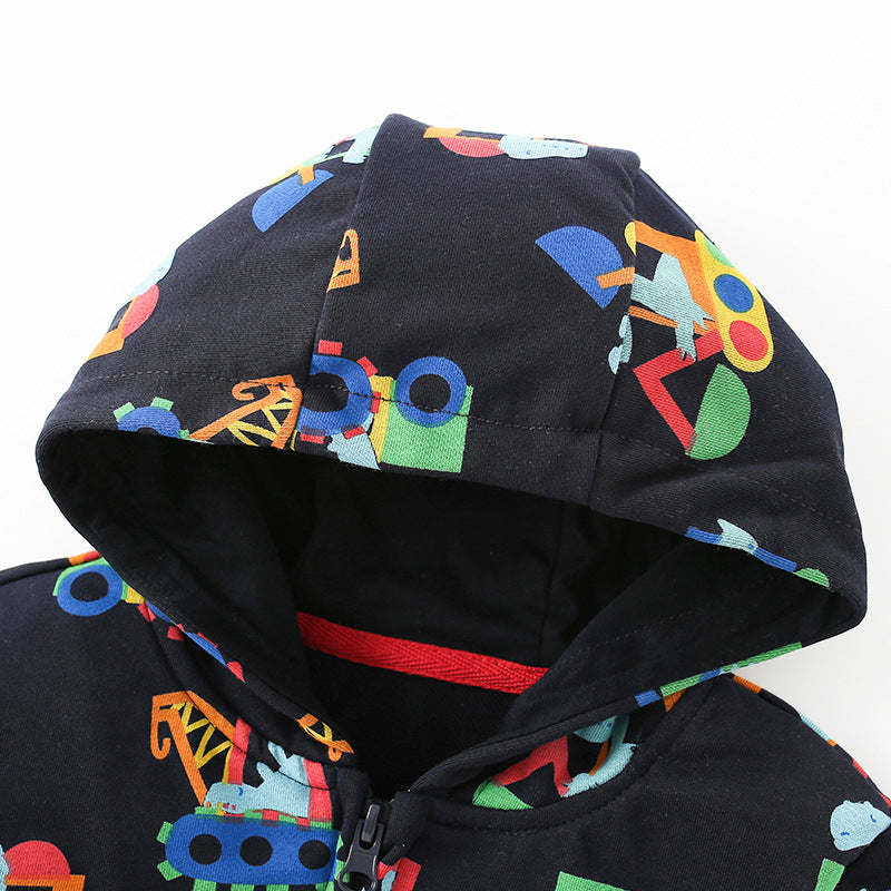 Baby Boy All Over Excavators Pattern Zipper Front Design Coat
