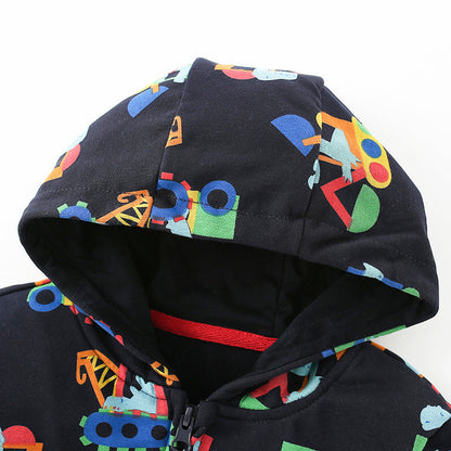 Baby Boy All Over Excavators Pattern Zipper Front Design Coat