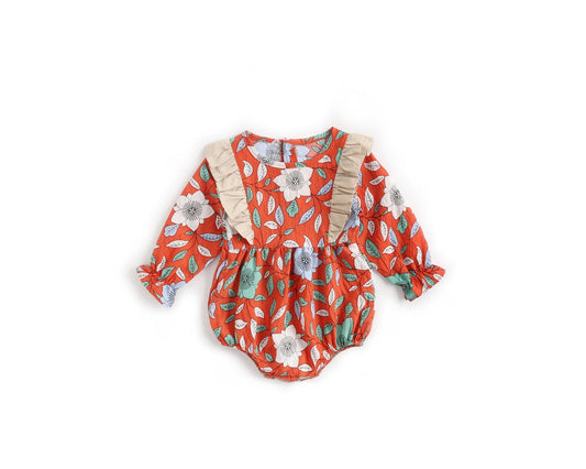 Baby Girl Floral Print Round Collar Long-Sleeved Cotton Onesies