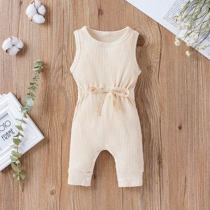 Baby Ribbed Knitted Graphic Belted Design Sleeveless Crotch Rompers