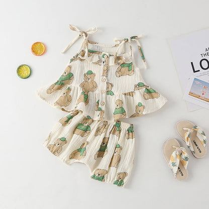 Baby Girl Small-Bear Cartoon Pattern Flounce Design Sleeveless