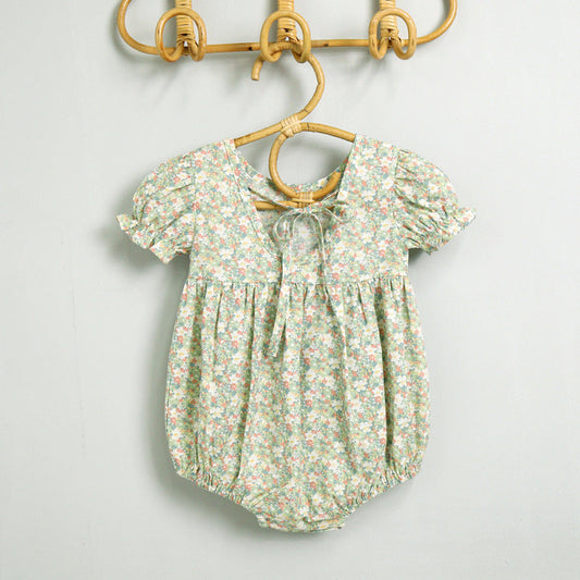 Baby Girls Floral Print Pattern Round Collar Puff Sleeves Onesies In