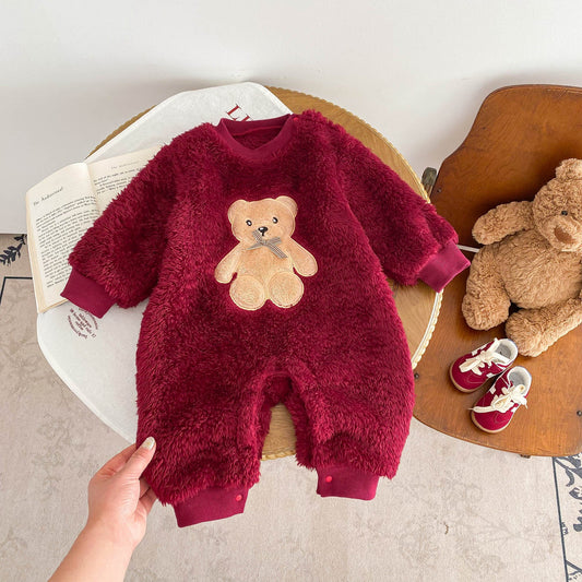 Cute And Cozy Baby Teddy Bear Romper For Autumn/Winter Outings – Red