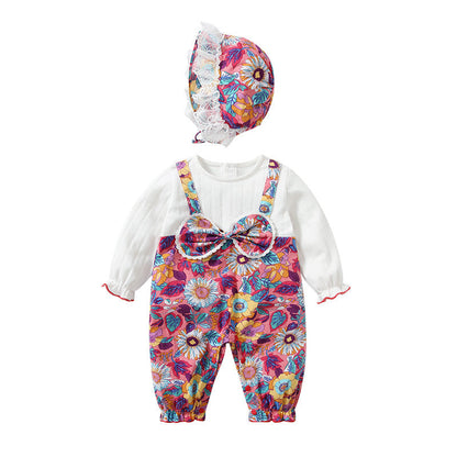 Baby Girl Floral Pattern Bow Decoration O-Neck Long Sleeves Strap