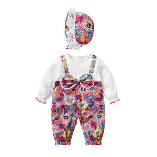 Baby Girl Floral Pattern Bow Decoration O-Neck Long Sleeves Strap