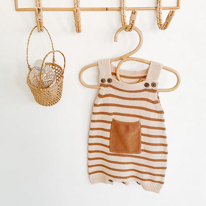Baby Girl Striped Graphic Knitted Strap Sleeveless Jumpsuit With