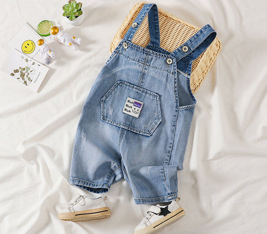 Baby Boy Embroidered Print Washed Blue Denim Short Overalls With