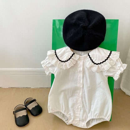 Baby Girl Solid Color Ruffle Neck Short Sleeve Onesies