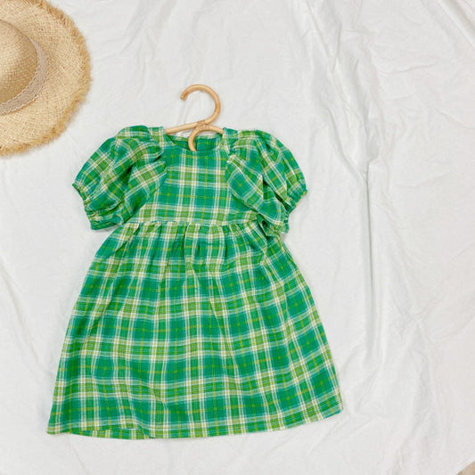 Baby Girls Plaid Pattern Pull-Sleeved Design O-Neck Long Dress In