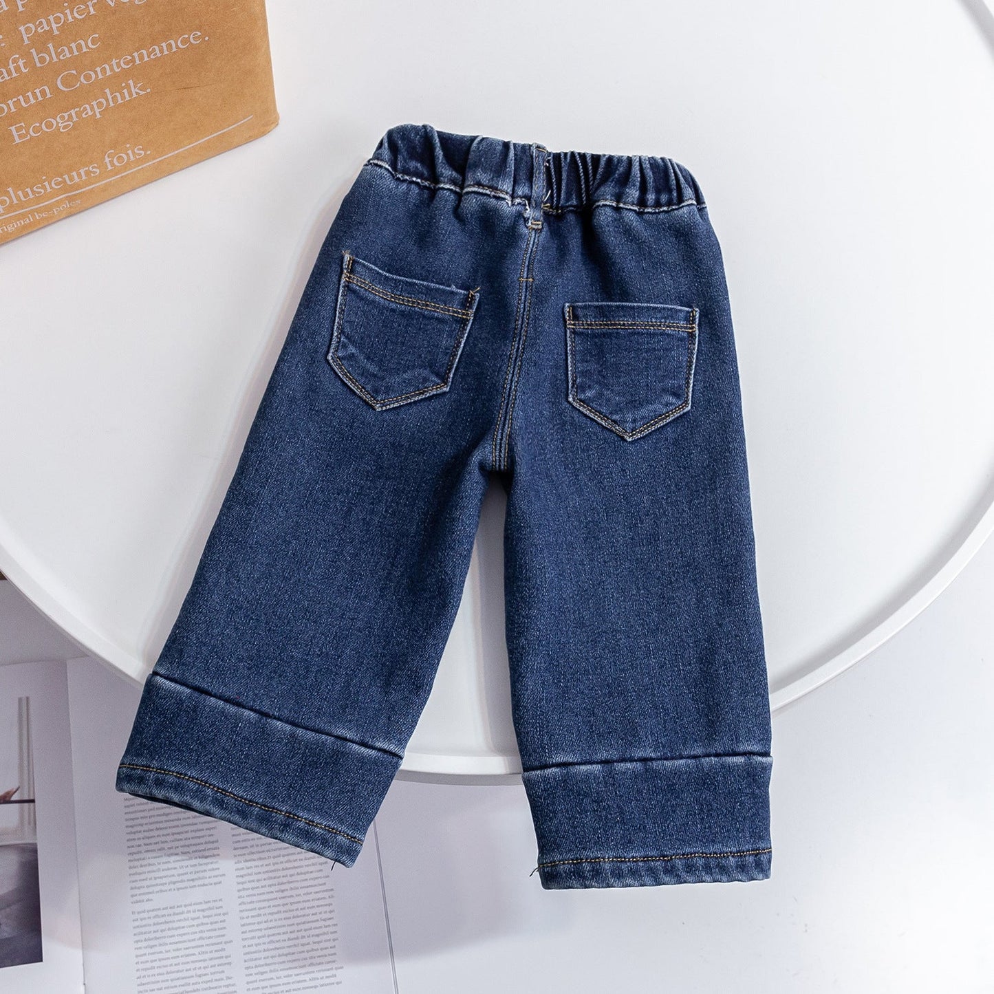 Baby Girl Embroidered Pattern Thickened Fleece Denim Pants