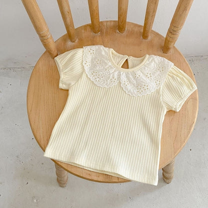 Baby Girl Solid Color Mesh Doll Neck Shirt With Pants Sets