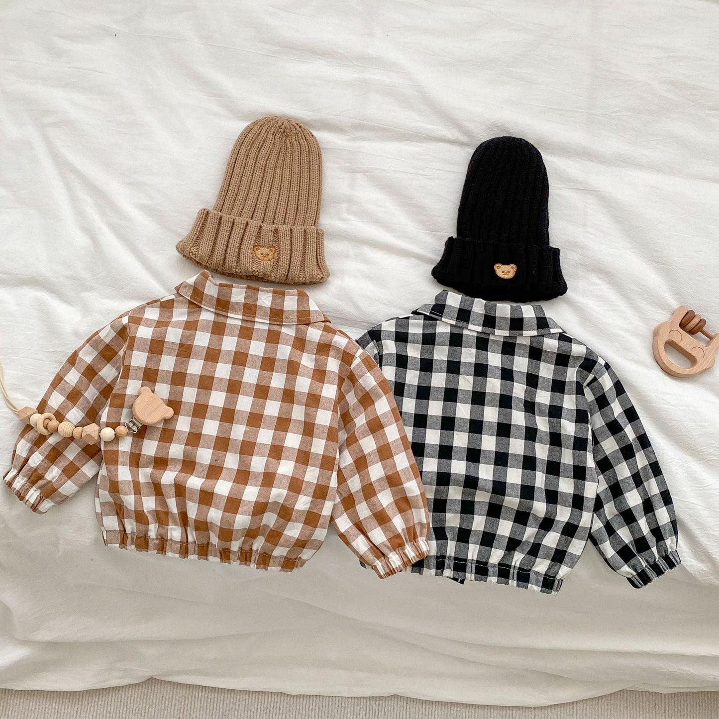Baby Checkerboard Pattern Bear Patched Design Coat